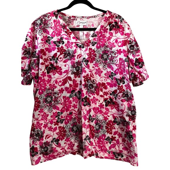 Peaches Uniforms Womens Floral Butterfly Print Scrub Top Short Sleeve V-Neck - Picture 1 of 6